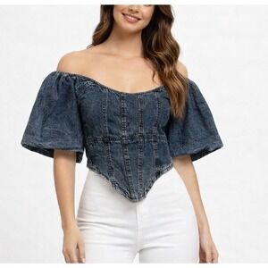 Jean Top Women's Sz XL Blue Denim Blouse  Corset Western Cowgirl Acid Wash NWT
